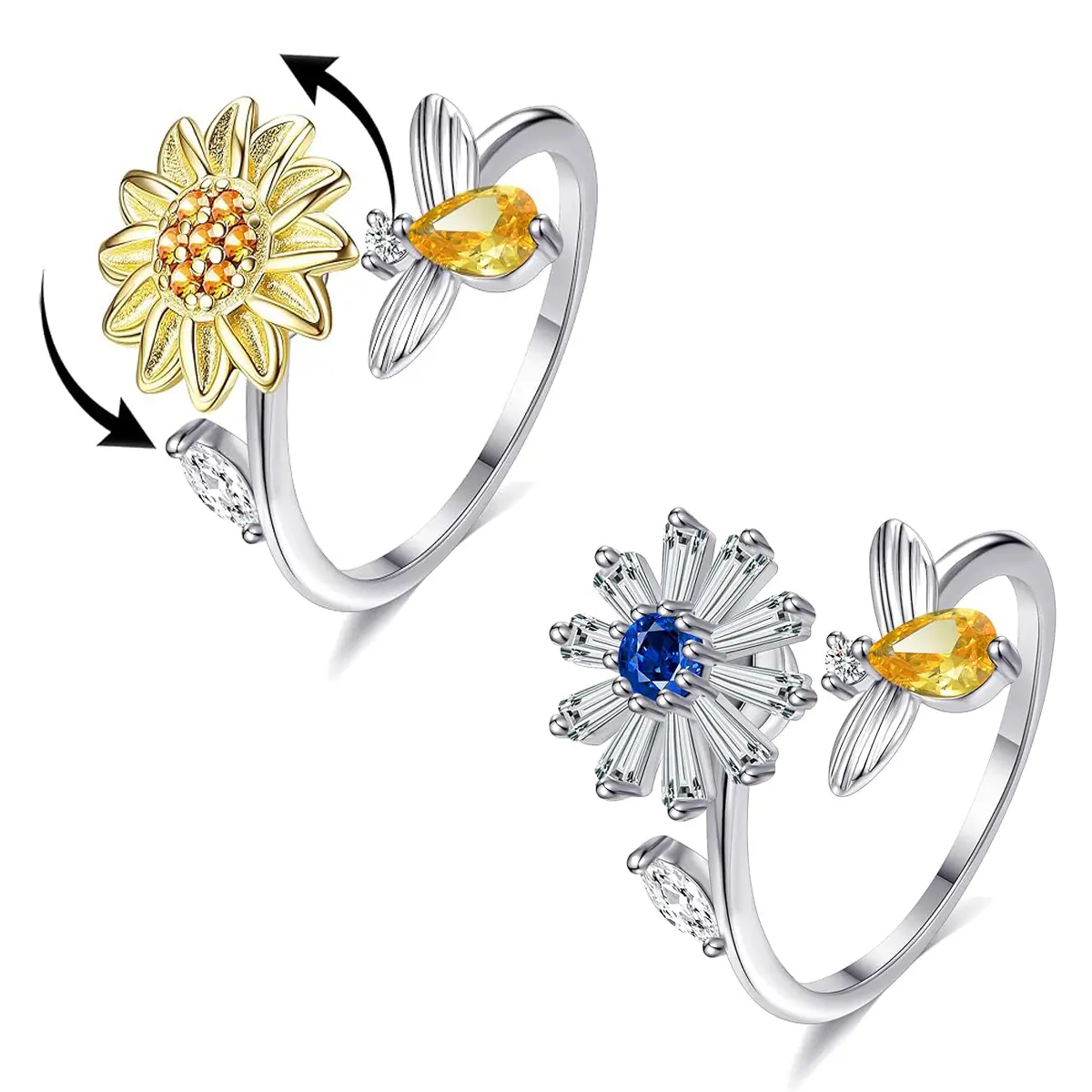 Women's 2-Piece Stackable Spinning Fidget Rings - 360-Degree Spin Function, Sunflower, Butterfly, Bee, Star & Moon Designs, Adult Anxiety & Stress Relief Fashion Costume Jewelry, Stackable Rings, Female, Stacking Rings, Rings For Women