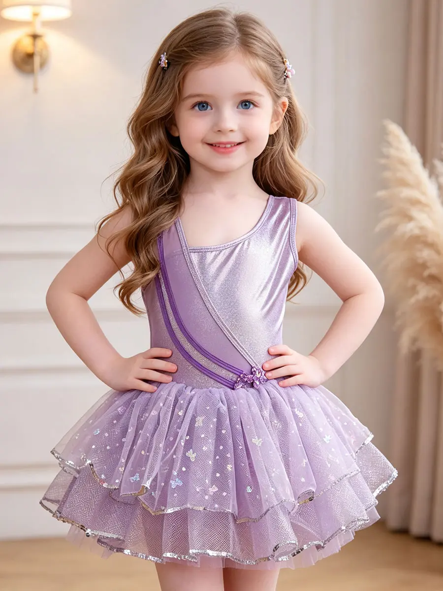 Girls' Purple Metallic Polyester Blend Crew Neck Sleeveless Slim-Fit Mini Plain Casual Ballerina Tutu Dress - 2-Layer Tulle Butterfly Sequin Dance Costume, All Seasons, Ballerina Tutu Casual Dresses, Butterfly Sequins, Mini Length