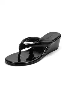 Girsia Women's Low Wedge Footwear - Retro Aesthetic, Glossy Round Toe, Rubber Thong Shoe, Trendy Summer Beach Heeled Sandals