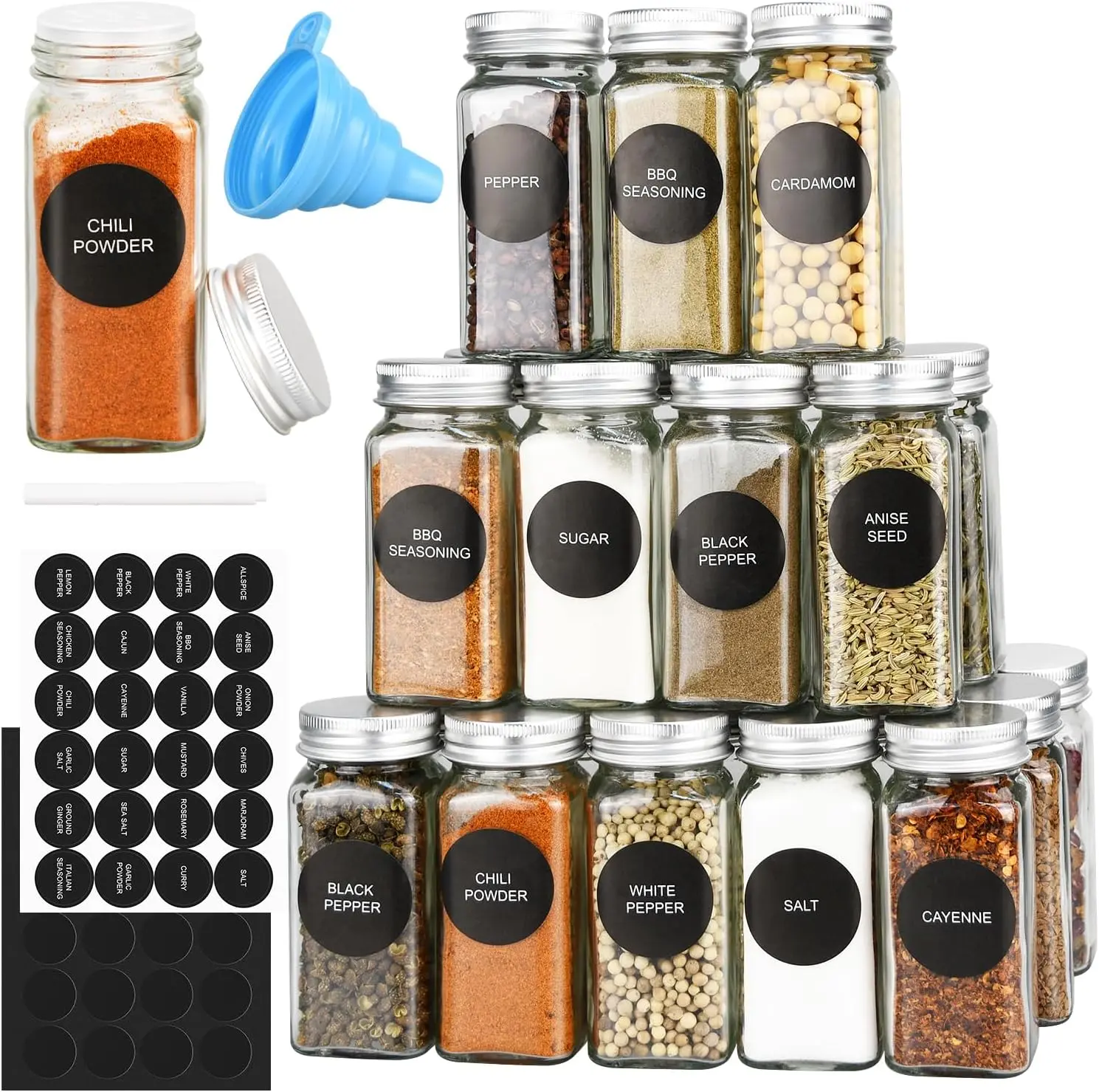 24pcs Modern Square 4oz Empty Glass Spice Jars with Metal Caps, Shaker Lids, Labels, Collapsible Funnel, Chalk Pen, Aluminium & Silicone Kitchen Seasoning Storage Jars