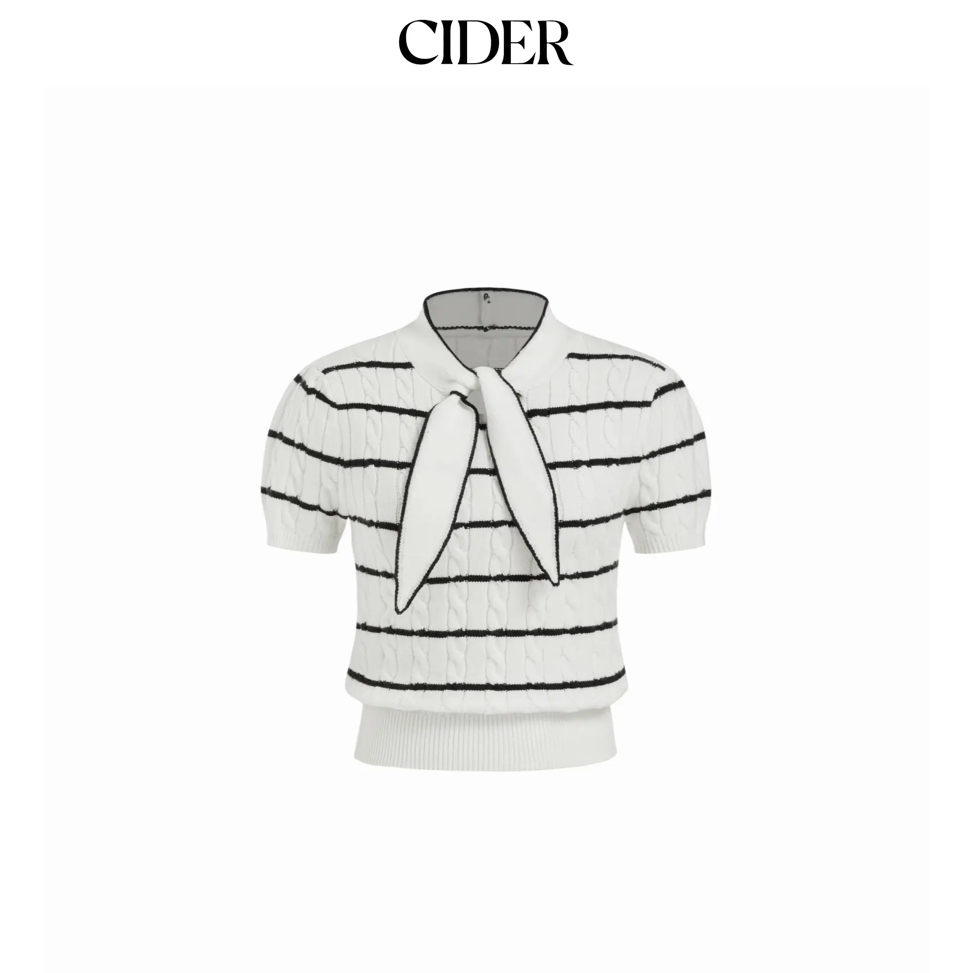 Cider Lady's Crewneck Striped T, Short-Sleeve Cable-Knit Casual Nylon Knitwear Top (L-8)