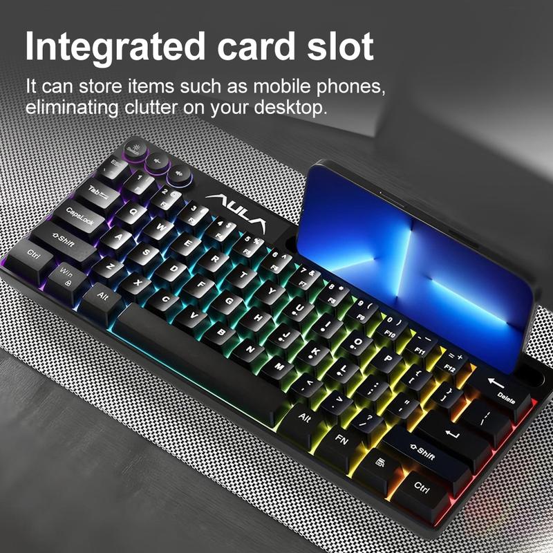 AULA F3061 mini wired keyboard, 61-key layout, plug and play, cool lighting, 22-key no impact, ergonomic design, simple and portable, compatible with Windows/Mac system equipment connection, RGB Backlit Keyboard