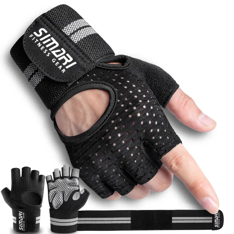 SIMARI Lightweight Half-Finger Sports Gloves - Gym Wrist Strap, Padded Full Palm Hand Protector, Quick Dry Anti-Slip for Weight Lifting, Rowing SG902