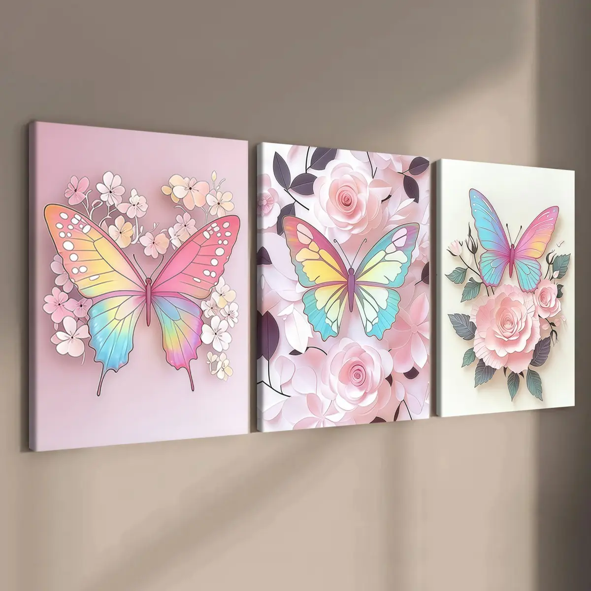 3-count wooden frame canvas, gentle macaron-colored gradient butterfly art poster, modern floral paintings, modern family poster, fashionable living room decoration, Boho wall art, suitable for corridor, bedroom walls, waterproof art, Wall Art Print