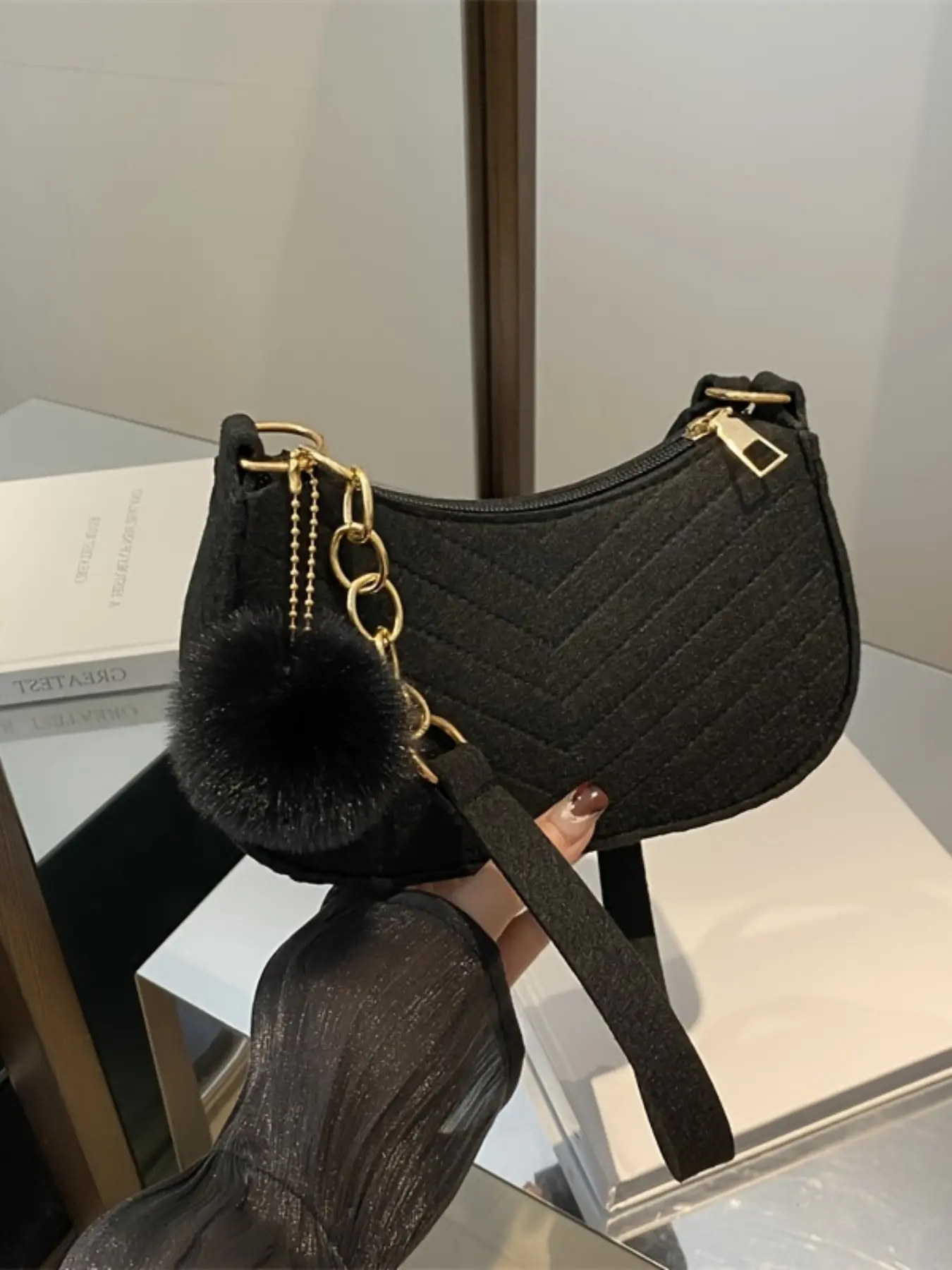 Women's Fashionable Single Shoulder Bag, Pure Color Wool Ball Design, Fresh Style Small Square Crossbody, Crossbody Purse, Chic Crossbody Bag, Crossbody Shoulder Handbag