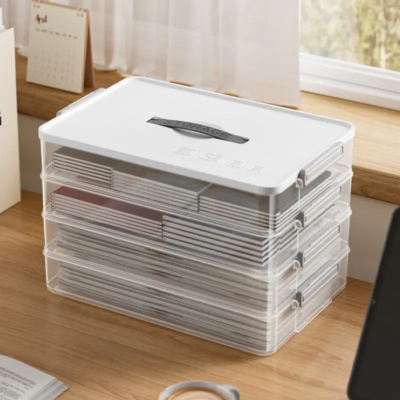 Multi-Layer Transparent File Organizer Box with Lid, Portable Plastic Document Holder for Certificates, Files, Photos, Cards, Office & Home Use