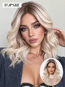 Hot Sale 13×6 HD Transparent Lace Wig, Glueless HD Wigs, Glueless Lace, 14 Inch Brown Roots Ombre Light Blonde Layered Short Wavy, Heat-Resistant Synthetic Fiber, Synthetic Hair, Comfortable & Breathable Wig Cap, Fine Knotted Knots, Ideal for Daily Wear