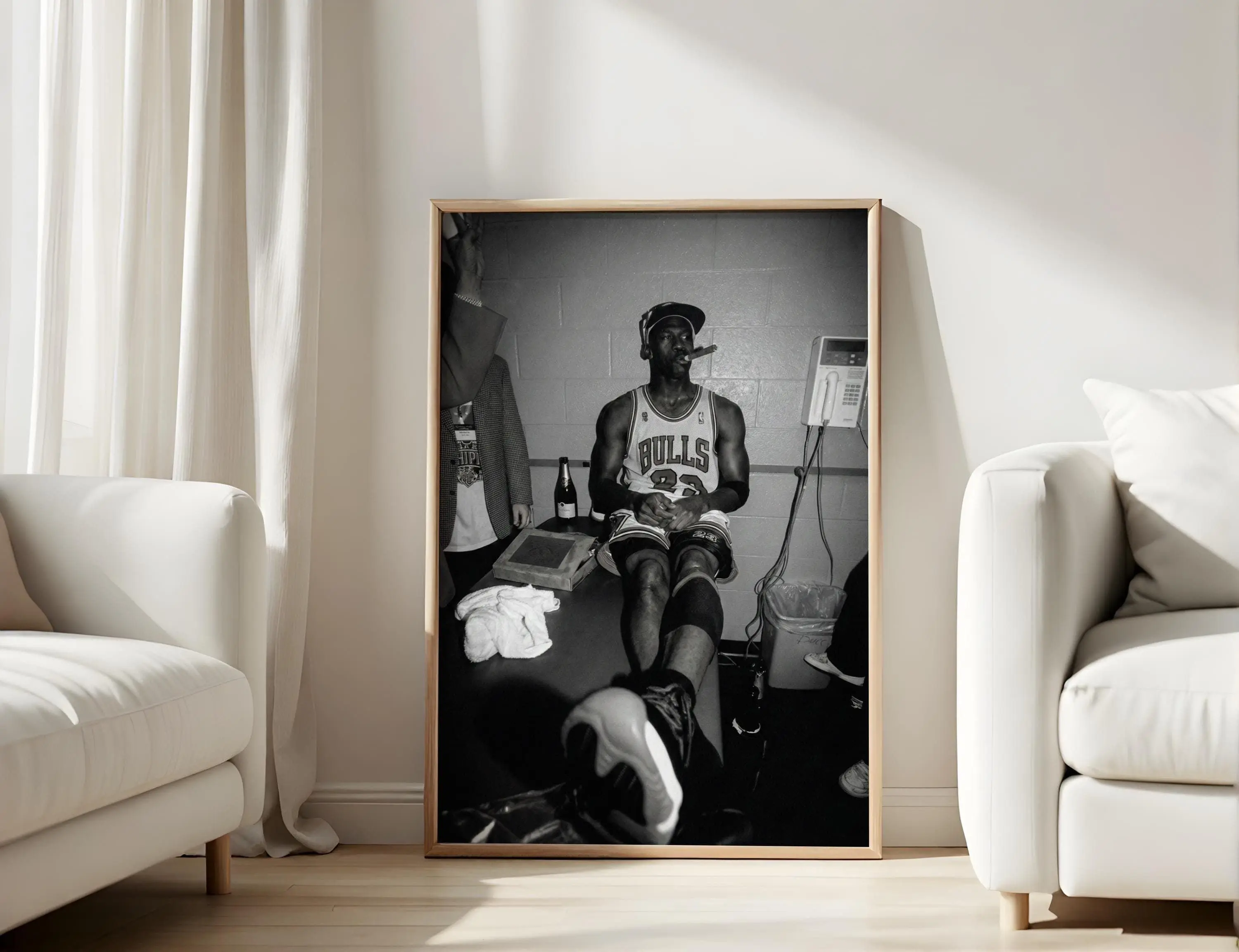Michael Jordan Cigar Poster – Iconic Locker Room Championship Celebration B-W Print, Vintage Bulls Wall Art for Man Caves - Offices