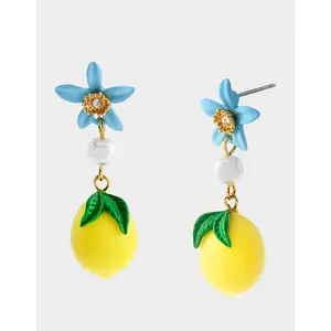 Betsey Johnson FLOWER LEMON DOUBLE DROP EARRINGS YELLOW