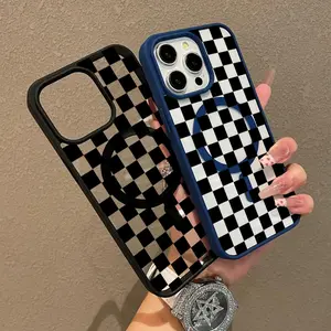 Black Checkerboard Pattern Premium Magnetic Phone Cases for iPhone 17 Air 16 15 14 Pro Max 13 12 11 Plus Smartphone Shockproof Protection Acrylic Cover Cellphone Protective magsafe magnetic case Aesthetic Resistance Casing Protector