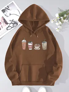 Women's Coffee Print Drop Shoulder Drawstring Hoodie, Drawstring Graphic Hoodie, Fashion Casual Pocket Hooded Sweatshirt for Daily Holiday Outdoor Wear, Women Clothing for Fall & Winter