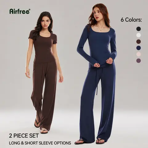 Airfree Women's 2-Piece Workout Wear - Square Neck Short/Long Sleeve Tops & Straight Leg Pants, Nylon Blend, Shaping Support, Quick-Dry Breathable, Regular/Tall Lengths (28.5in,30.5in), Regular Size, All Seasons, for Yoga Gym Run