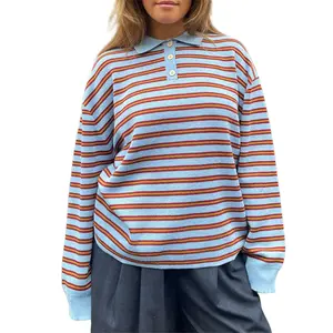 Women Y2k Striped Rugby Polo Shirt Knit Vinatge Tops Long Sleeve Button Collared Neck Preppy Pullover Sweatshirt