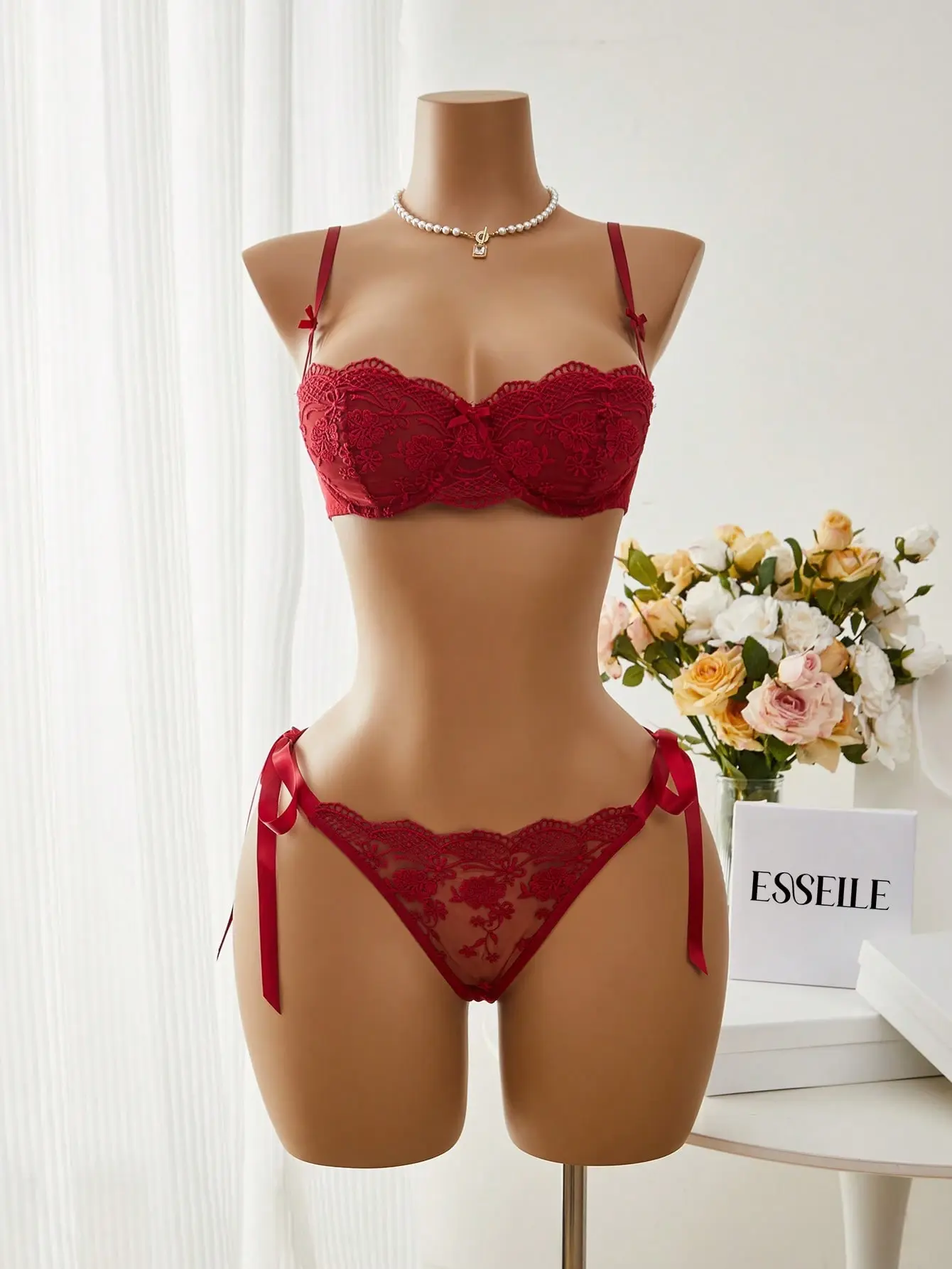 VYNCE Women's Sheer Lace Lingerie Set Solid Color Patchwork Knotted Sexy Bra And Panty 2 Piece Date Night Intimates