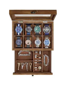 2-Tier Watch Display Case with Large Glass Lid, 8-Slot Watch Box,  Removable Watch Pillows, Velvet Lining, Jewelry Box, Gift Idea Organiser