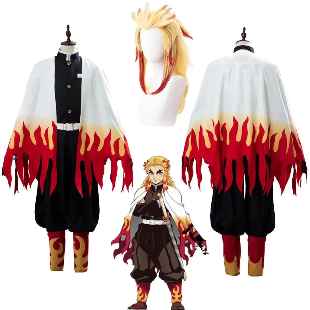 Rengoku Kyoujurou Menswear Anime Demon Slayer Cosplay Costume Set - Fantasy Wig, Outfit for Adult Men Halloween Party Roleplay Disguise