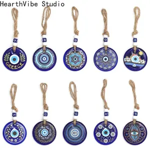 HearthVibe Studio Lucky Eye Glass Blue Turkish Evil Eye Pendant Wall Hanging Flower Pattern Rope Chain Keychain Car Keyring for Women Men Jewelry