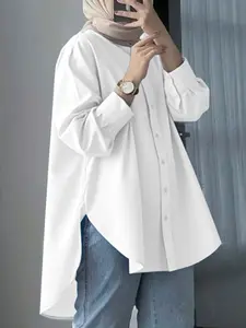 Women's Casual Collared Blouse Shirt, Button Front Long Sleeve Slit Design, Loose Fit Plain Pattern, Ideal for Daily, All Seasons Wear Top