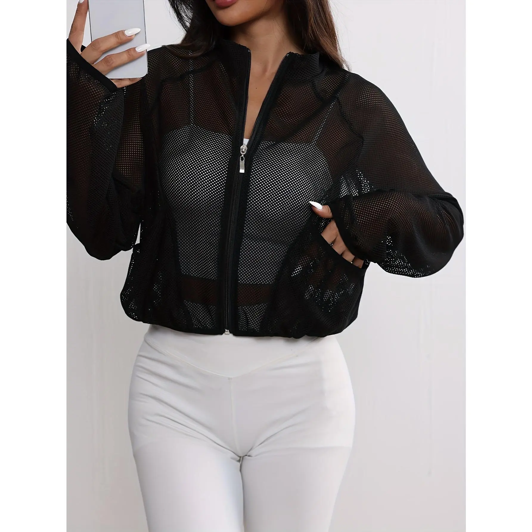 Women's Zip Front Mesh Polyester Sports Jacket - Stretchy Mock Neck, Loose Fit, Lightweight Modern Outerwear for Yoga Running, Spring/Autumn Middle Eastern New Fitness Wear