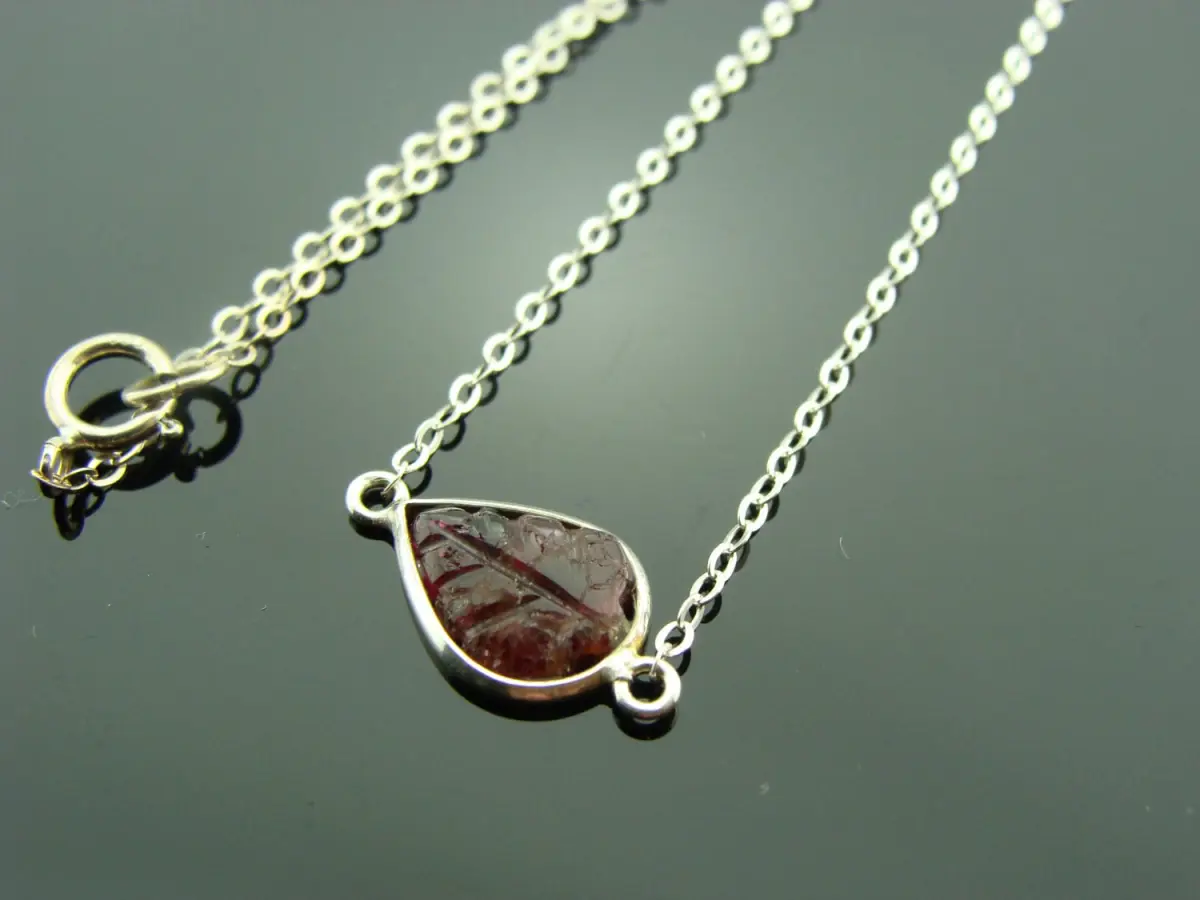 Raspberry Tourmaline Leaf Necklace · Carved Gemstone Bezel Set in Sterling Silver · Nature-Inspired Pendant · Gift for Her
