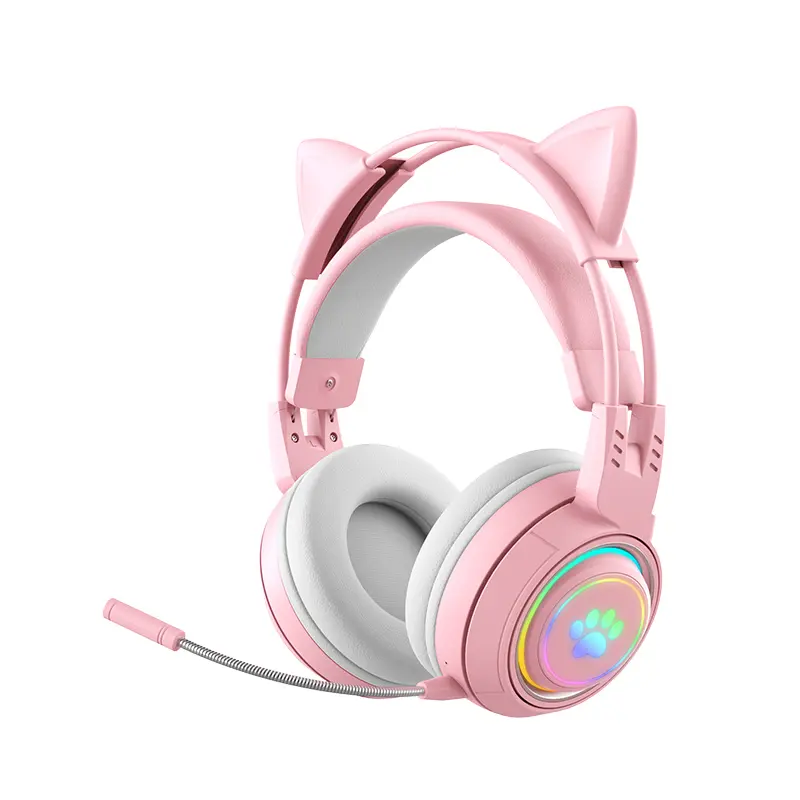 Cute Cat Ears Headphones RGB Lighting Bluetooth Headset with Detachable Mic, Wireless/Wired Headphones, 50mm Hi-Fi Stereo Sound, Comfort Suspension Headband, Low Latency, Professional Headphone With Mic For PS4 PS5 Xbox Computer PC Gaming Headset