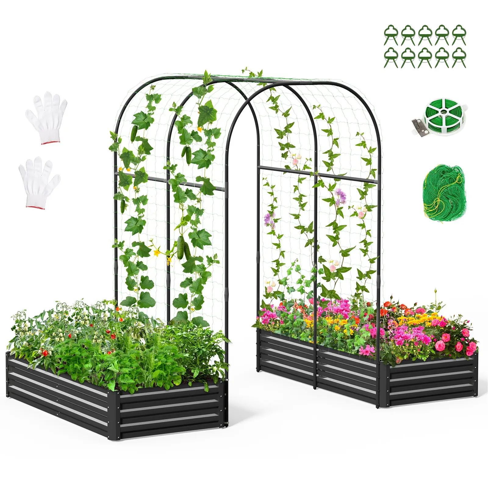 Lilypelle 3-in-1 DIY Metal Raised Garden Bed with Arch Trellis, Wind-Resistant Heavy Duty Planter Box with Netting, Open Bottom Garden Bed for Climbing Plants Vegetables Flowers