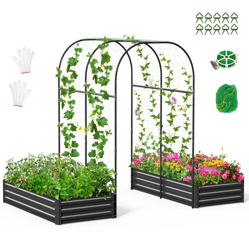 Lilypelle DIY 3-in-1 Rectangular Metal Vertical Garden Bed with Arch Trellis, Wind-Stable Frame, Durable Netting & Open Bottom, Weatherproof Heavy-Duty Planter for Outdoor Climbing Plants, Herbs, Fruits
