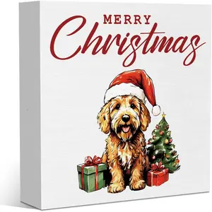Goldendoodle Dog Christmas Decor Funny Xmas Dog Christmas Gift for Man and Women Goldendoodle Wood Sign Novelty Desk Decor for Office Desk Table Shelf Home Room 5 x 5 Inches