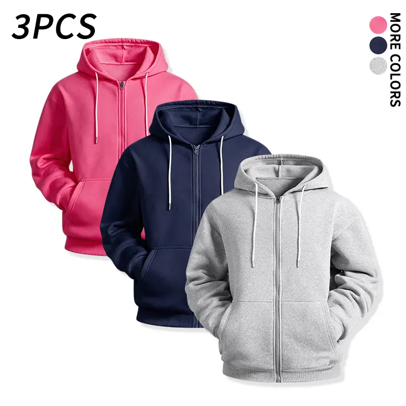 3 Pack Drawstring Zipper Hood Sweatshirt with Kangaroo Pockets Casual Outerwear