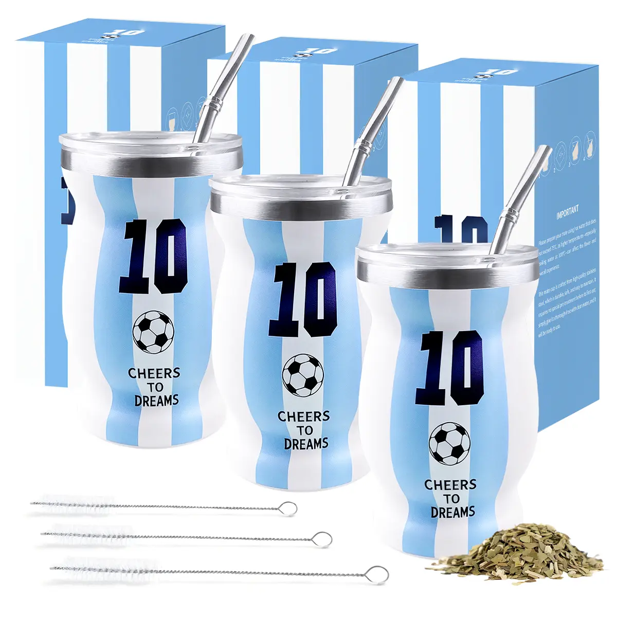 VEDKC Argentina # 10 Yerba Mate Cup Set with Bombilla Straw |   Stainless Steel Insulated Mate Gourd |   2026 World Soccer Cup Fan Gift for Him Men Boyfriend Dad Insulation Drinkware