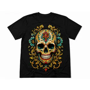 Menswear Round Neck Short-Sleeve T-Shirt, Vintage Gothic Colorful Skull Graphic Top, Unisex Aesthetic Streetwear Shirt