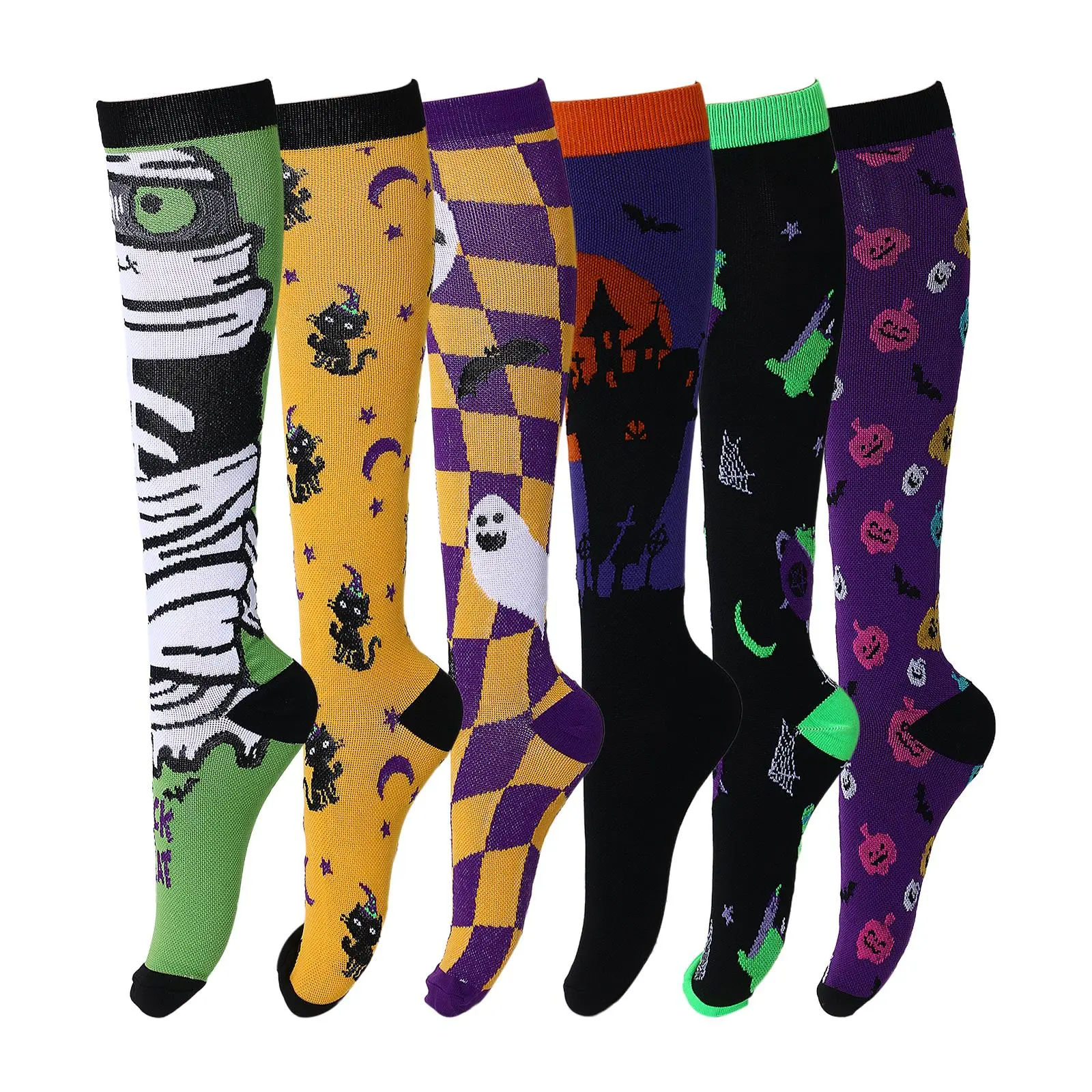 Women's Knee-High Compression Stockings for Halloween, 6-Pair Pack with Spooky Prints, 15-20 mmHg Support, Breathable Nylon Blend, Style, Slip On, Pumpkin, Cuff 3.55" (9Cm), Foot Length 7.88" (20Cm)
