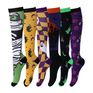 OIDEA Women's 6-Pair Halloween Costume Knee-High Compression Socks, 15-20 mmHg Nylon Stretchy Leg Support Stockings, Breathable Athletic Socks with Pumpkin Ghost Spider Print for Everyday Wear summerwins,summerwins