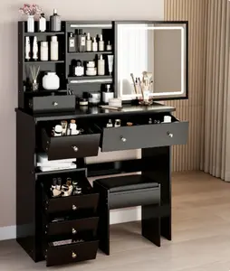 Large Sliding Mirror Vanity Desk with Stool, 3-Color Light Switch, Touch Control, Left Drawer Design, High-Capacity Storage, Stylish Makeup Dressing Set for Home