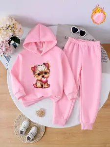 Autumn Winter Girls' Fleece Set, Cute Dog Heart Print Hoodie & Jogger Pants Two-Piece, Kids Casual Warm Clothing Gift, Sweatshirts