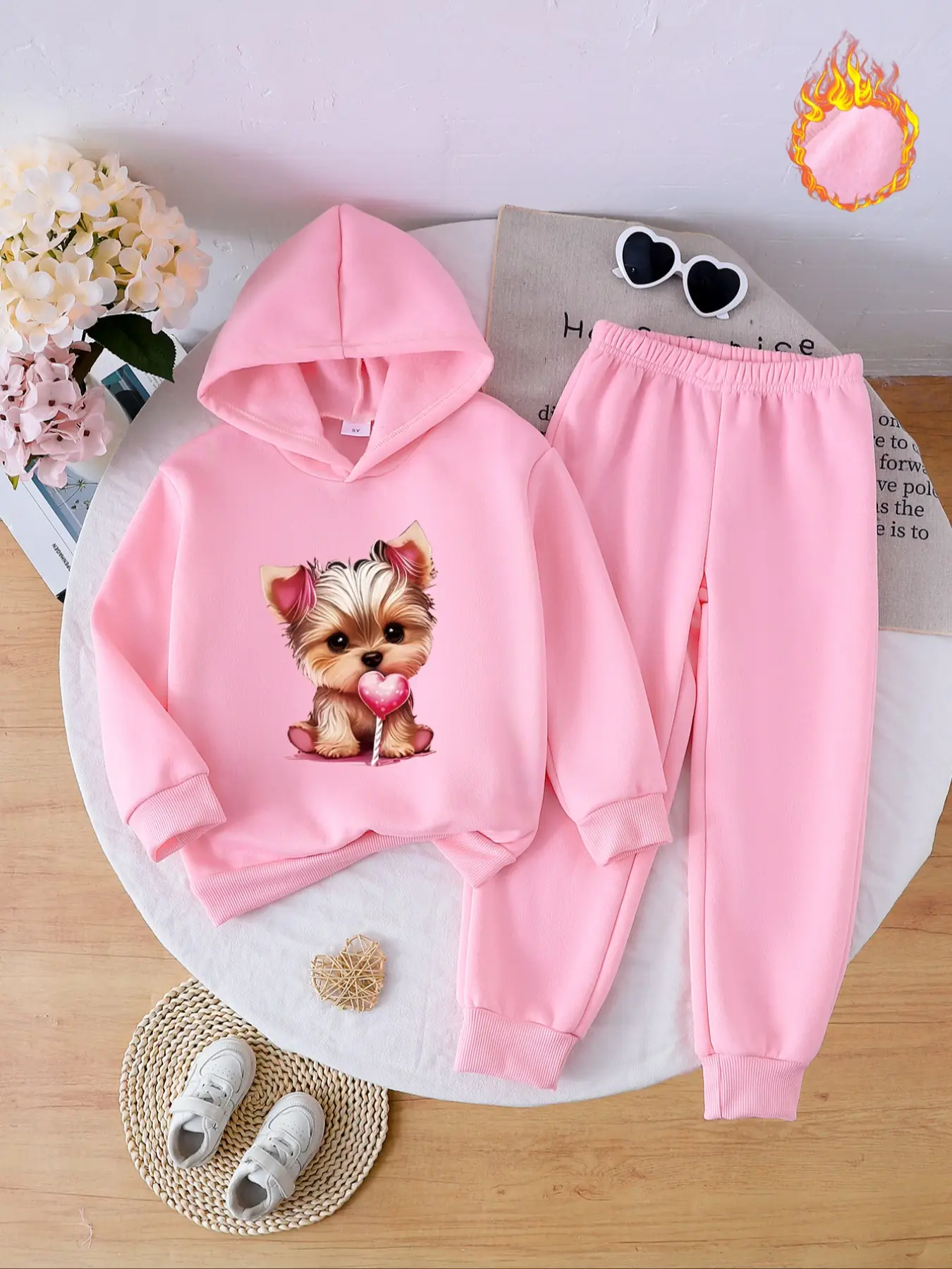 Autumn Winter Girls' Fleece Set, Cute Dog Heart Print Hoodie & Jogger Pants Two-Piece, Kids Casual Warm Clothing Gift