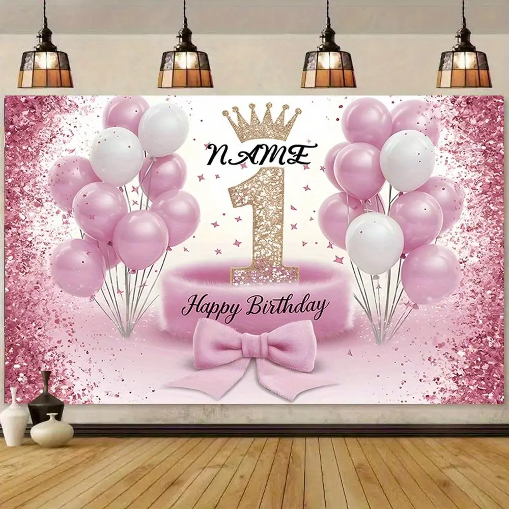 1PC Polyester 2D Flat Pink Balloon Crown Shimmer Wall Happy Birthday Backdrop - Custom Name, Indoor Party Decoration Supply, Baby Photo Prop, Sparkling Sequin Bow Banner, Shimmer Wall Backdrop