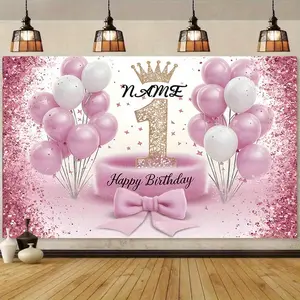 1PC,2D Flat Pink Balloon Crown 1st Birthday Backdrop, Custom Name, Kids 1st Birthday Party Decoration Background, Baby Birthday Photo Prop, Sparkling Sequin Bow - Themed Backdrop