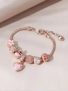 Heart Flower Charm Bracelet for Women, Beaded Iced Out Design Fashion Jewelry Daily Party Decoration