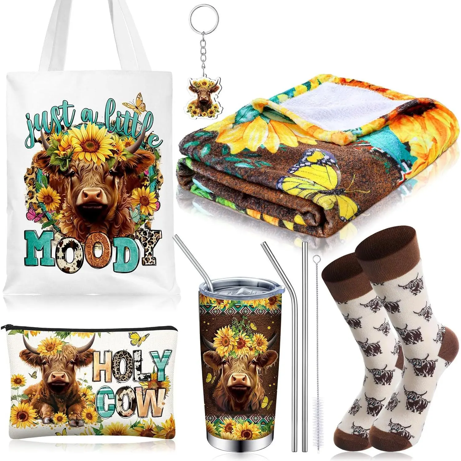 6-Piece Highland Cow Gift Set for Women - Lightweight 20 oz Stainless Steel Metal Cup with Lid & Straw, Handbag, Throw Blanket, Socks for Highland Cow Enthusiasts