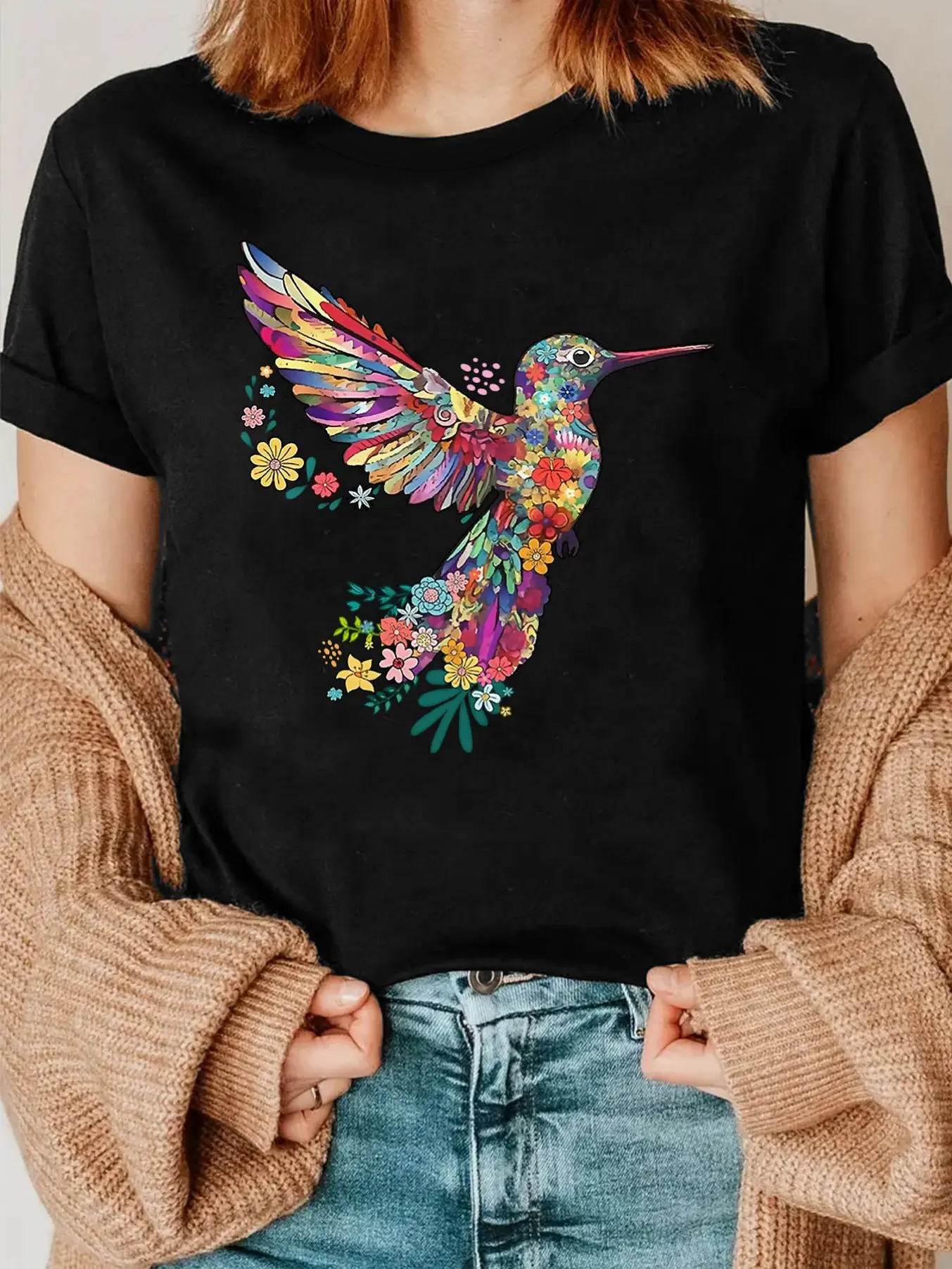 Women's vibrant hummingbird and floral print T-shi unisex soft cotton short sleeve t shirt, vintage graphic casual tee for men women teens, perfect birthday holiday gift for camping travel gym daily street  wear