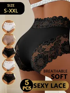 QUASTI 5 PCS Mid Waisted Sexy Lace Women's Panties, Milk Silky Smooth Seamless Breathable Skin-Friendly Underwear, Sweet Basic Fit Elegant Aesthetic Briefs, Four-Season Wear, S-XXL