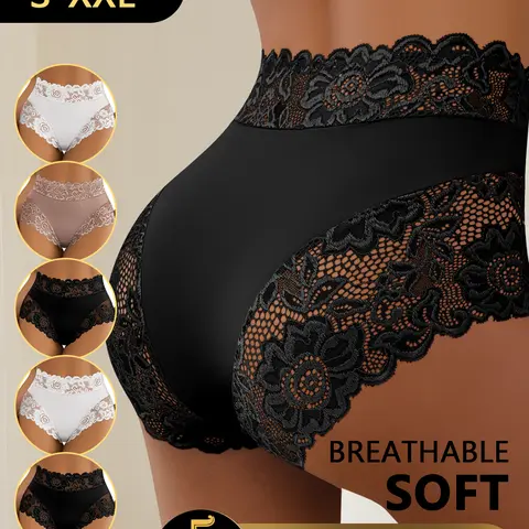 QUASTI Women's 5-Piece Mid-Waisted Elegant Lace Panties - Basic, Romantic, Soft Milk Silky Breathable Elastane Fabric, Seamless Fit, 3 Mix Colors, 4-Season Everyday Essential Underwear (S-XXL)