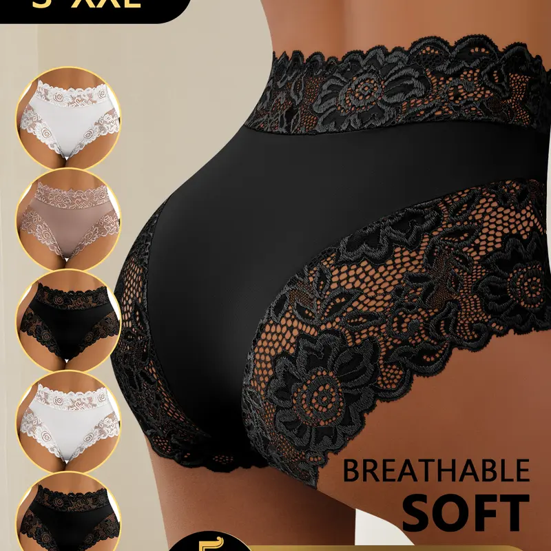QUASTI Women's 5-Piece Mid-Waisted Elegant Lace Panties - Basic, Romantic, Soft Milk Silky Breathable Elastane Fabric, Seamless Fit, 3 Mix Colors, 4-Season Everyday Essential Underwear (S-XXL)
