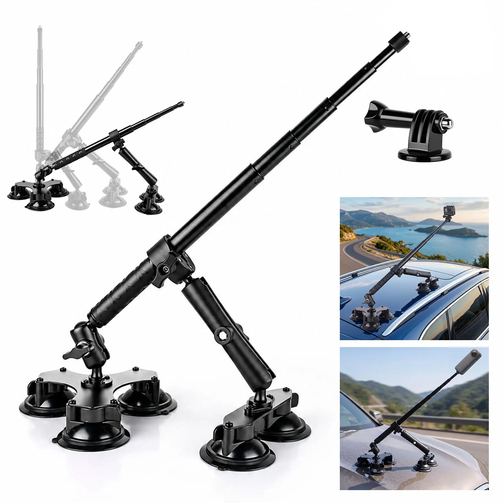 5-in-1 Aluminum Alloy Mount Set - Heavy-Duty Metal Tripod with 5 Suction Cups, 45-in Adjustable Cordless Selfie Stick with Lock, Car Stuff Interior Accessories for Insta360/DJI Osmo/AKASO Action Cameras (In-Car Ride Mount Use)