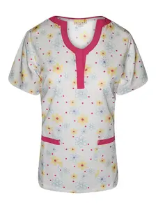 Pepino Uniforms Printed Pink Daisy Trim U-Neck Scrub Top