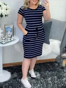 2026 New Casual Double Pocket Lapel Button Stripe Plaid Drawstring Bodycon Dress, Stylish and Comfortable Design, Perfect for Daily Wear