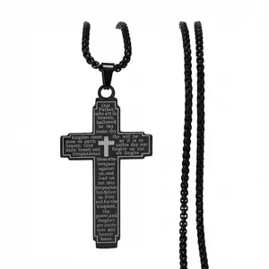Christian Bible Letter Engraved Cross Chain  Stainless Steel Masculine Style for Men Religious Accessory Daily Wear Versatile unisex gift Men's Cross  anniversary birthday valentine gift Vintage Pendant  for Husband Valentines Gift trendy perfect gift