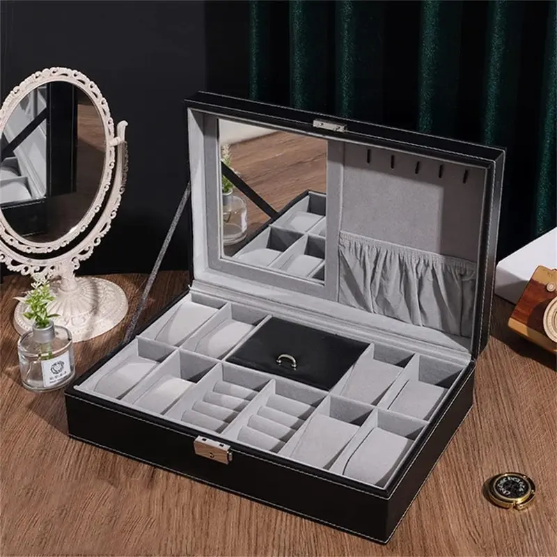Men's Solid Wood Leather Jewelry Box - 8 Grid Slots, Detachable, Dustproof Organizer for Watches, Rings, Necklaces (Large Space Storage for Display & Gifting, Color: E)