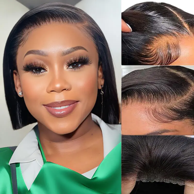 VRbest Glueless Silky Straight Short Bob Cut Wig, 5x5 Pre-Plucked Hairline, 180% Density HD Lace Virgin Hair Closure, Adjustable Cap Size, Beginner-Friendly Gift for Black Females, Adjustable Fit, Glue-Free, Women, 21.5-22.5 Inches, Glueless Wigs Human Ha